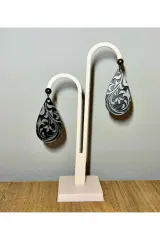 Damla Çiçek Küpe Siyah - Gri